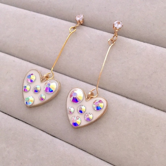 Cubic Zirconia + Aurora Borealis Crystal Gold Heart💗Drop Statement Earrings - Picture 2 of 5